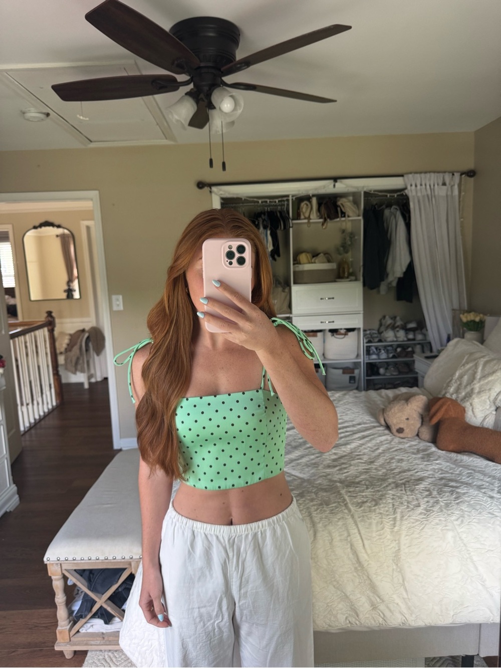 Zara Green Polka Dot Tie-Shoulder Crop Top